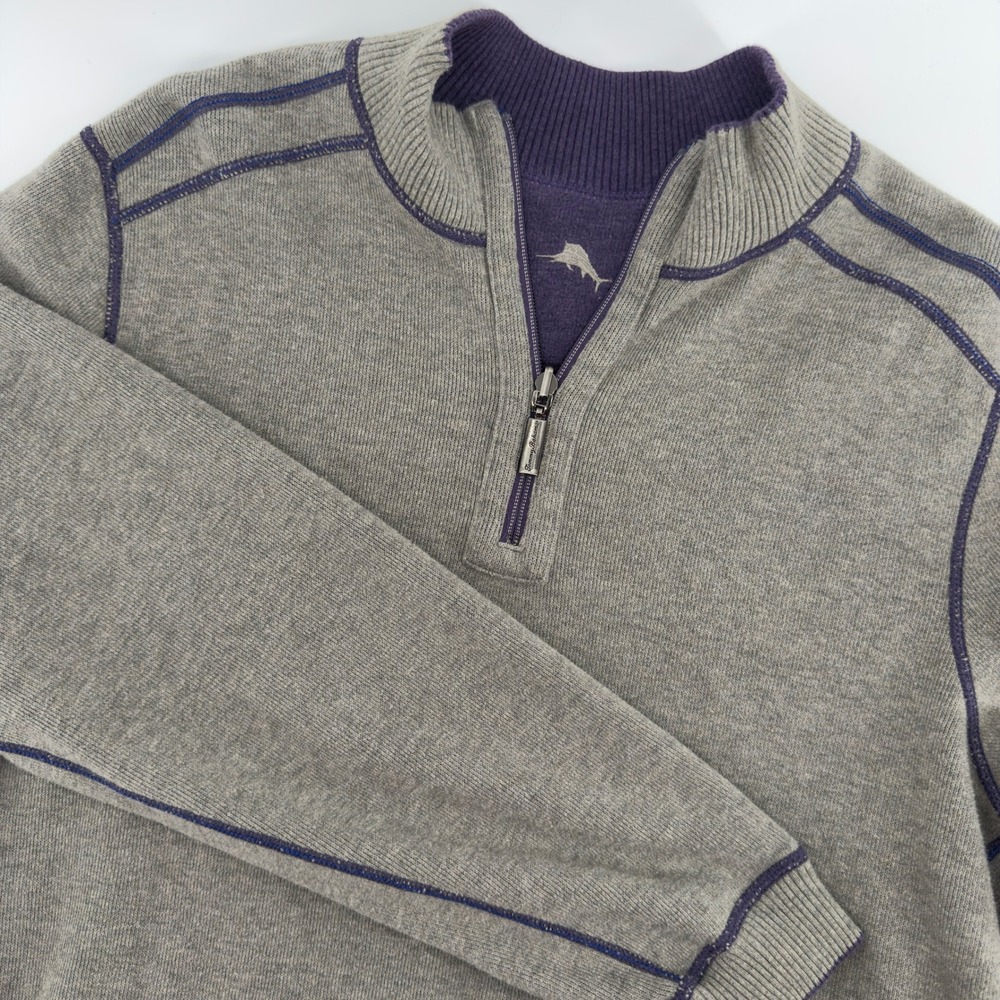 Tommy Bahama Mens Reversible Quarter Zip Pullover Sweater Grey Purple Marlin L